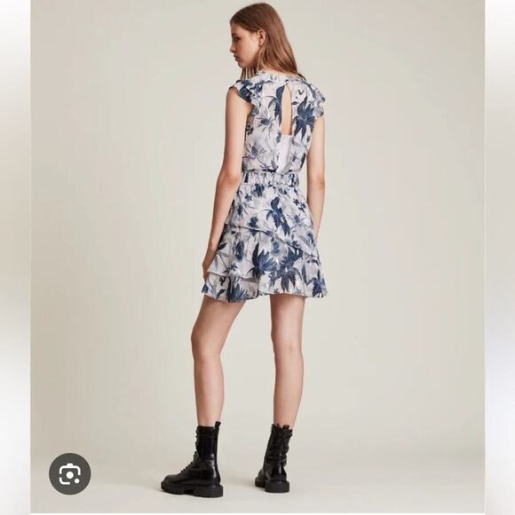 ALLSAINTS Caylan Harris floral mini dress size 2 sleeveless TK Neck ruffled - Picture 16 of 16